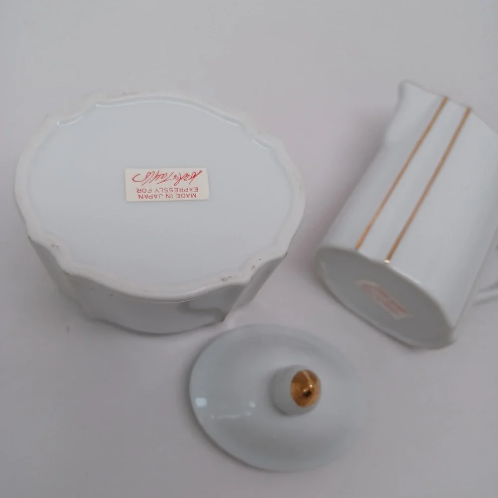 Lord & Taylor Vintage Porcelain Sugar Bowl and Creamer Set Gold Gilt Japan White